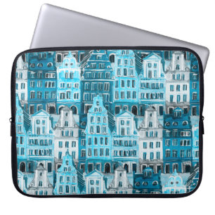 Amsterdam Architektur, blaue Aquarelltextur. Laptopschutzhülle