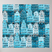 Amsterdam Architektur, blaue Aquarelltextur. Poster (Vorne)