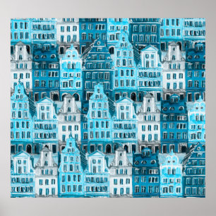 Amsterdam Architektur, blaue Aquarelltextur. Poster