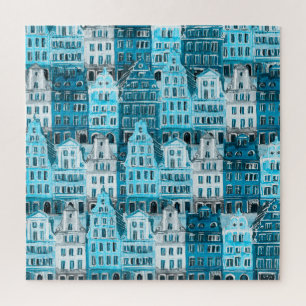 Amsterdam Architektur, blaue Aquarelltextur. Puzzle