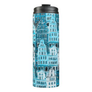 Amsterdam Architektur, blaue Aquarelltextur. Thermosbecher