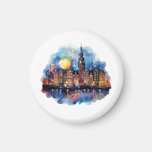Amsterdam bei Nacht Aquarellmalerei Magnet