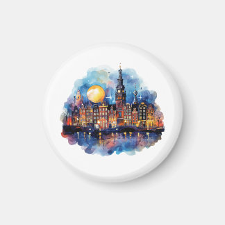 Amsterdam bei Nacht Aquarellmalerei Magnet