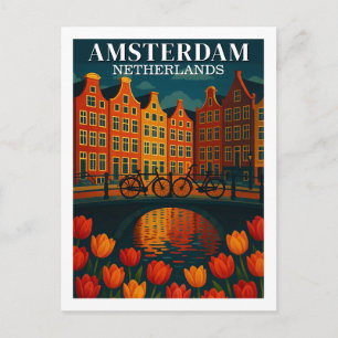 Amsterdam bei Nacht Blumen & Fahrräder Postkarte