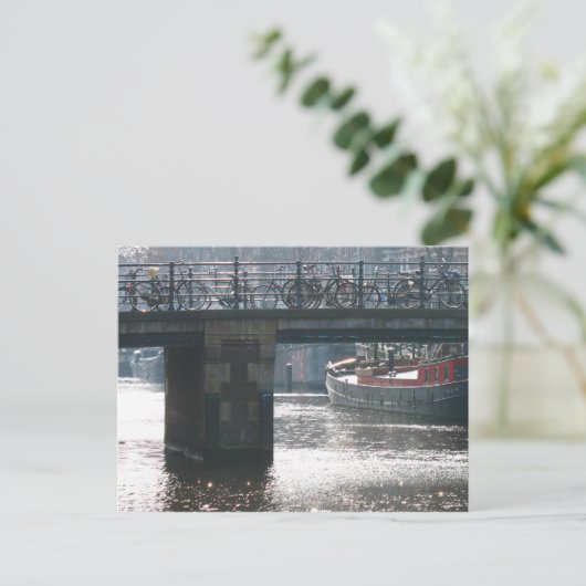 Amsterdam Bicycle Bridge Canal Foto Postkarte (Stehend Vorderseite)