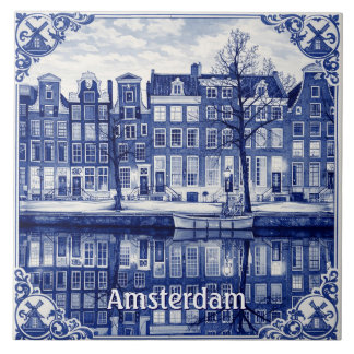 Amsterdam canal Delft Blue style Ceramic Tile Fliese