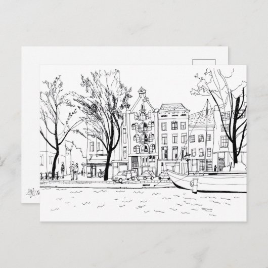 Amsterdam Canal Houses Black and White Sketch Postkarte (Vorne/Hinten)