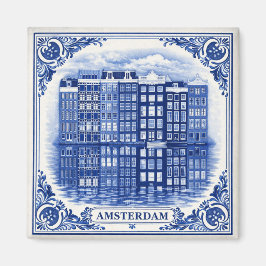 Amsterdam canal houses Delft Blue style magnet
