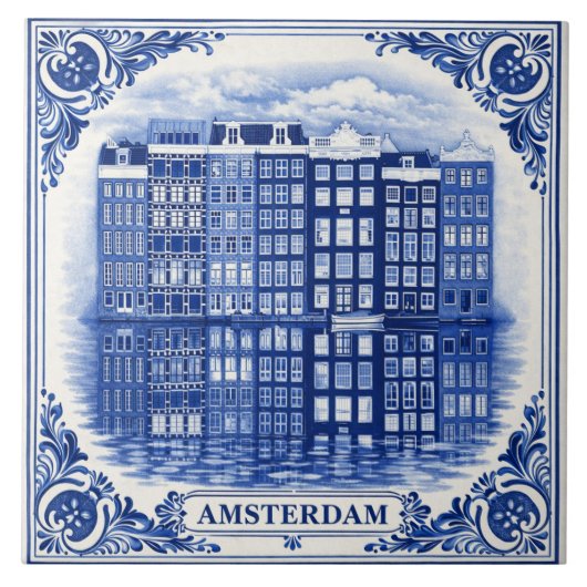 Amsterdam canal houses Delft Blue style tile Fliese (Vorderseite)