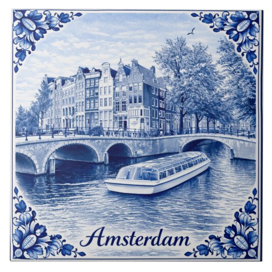 Amsterdam canal houses Delft Blue style tile Fliese (Vorderseite)