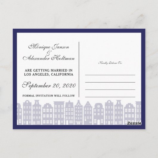 Amsterdam Canal Houses Dutch Save the Date Blue Postkarte (Rückseite)