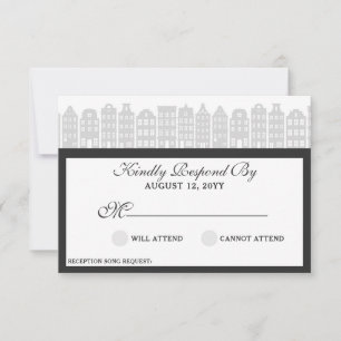 Amsterdam Canal Houses Dutch Wedding Silver RSVP Karte