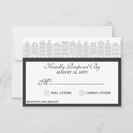 Amsterdam Canal Houses Dutch Wedding Silver RSVP Karte (Vorderseite)