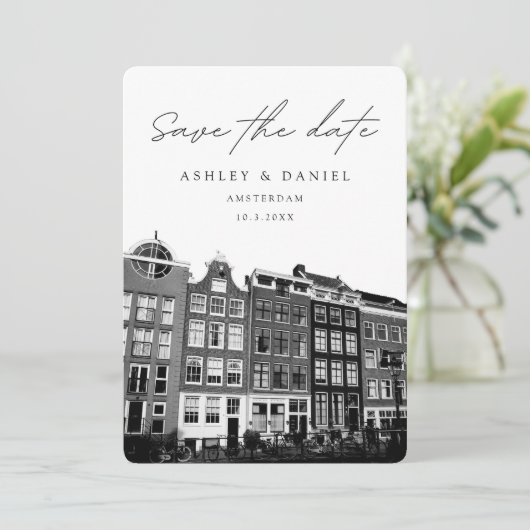 Amsterdam Canal Houses Foto Save the Date Einladung (Stehend Vorderseite)