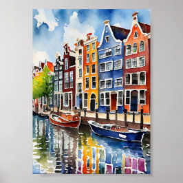 Amsterdam Canal Houses Watercolor Art Print Poster