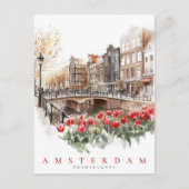 Amsterdam Canal Red Tulips Watercolor Reisen Postkarte (Vorderseite)
