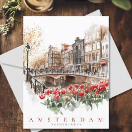 Amsterdam Canal Red Tulips Watercolor Reisen Postkarte