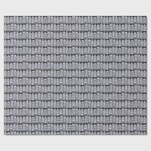 Amsterdam Canal Row Houses Charcoal Silver Muster Geschenkpapier (Flach)