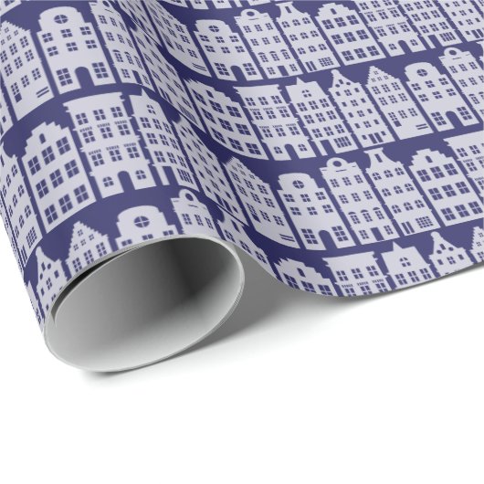 Amsterdam Canal Row Houses Cobalt Blue Pattern Geschenkpapier (Rolleneckpunkt)