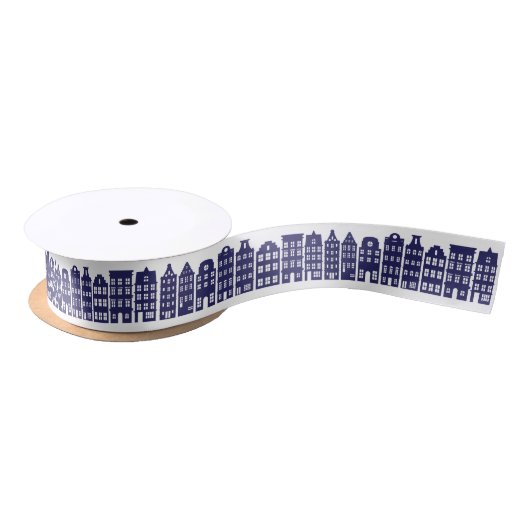 Amsterdam Canal Row Houses Cobalt Blue Pattern Satinband (Spule)