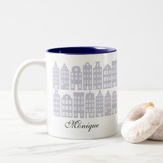 Amsterdam Canal Row Houses Personalisiert Light Bl Zweifarbige Tasse (Mit Donut)