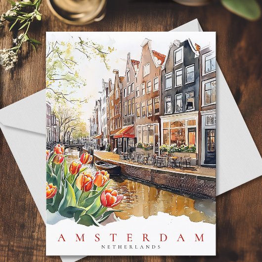 Amsterdam Canal Spring Time Watercolor Reisen Postkarte