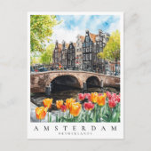Amsterdam Canal Tulips in Spring Watercolor Travel Postkarte (Vorderseite)
