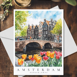 Amsterdam Canal Tulips in Spring Watercolor Travel Postkarte