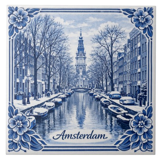 Amsterdam canal winter Delft Blue style tile Fliese (Vorderseite)