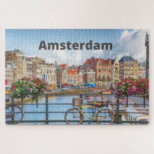 Amsterdam City View - Alte Gebäude, Fluss, Boote Puzzle