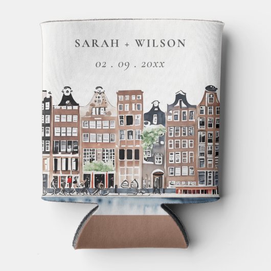 Amsterdam Dutch Canal Watercolor Landscape Wedding Dosenkühler (Vorderseite)
