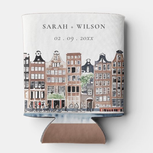 Amsterdam Dutch Canal Watercolor Landscape Wedding Dosenkühler (Rückseite)