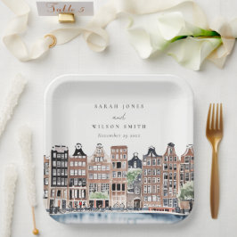 Amsterdam Dutch Canal Watercolor Landscape Wedding Pappteller