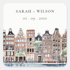 Amsterdam Dutch Canal Watercolor Landscape Wedding Quadratischer Aufkleber