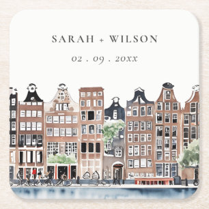 Amsterdam Dutch Canal Watercolor Landscape Wedding Rechteckiger Pappuntersetzer