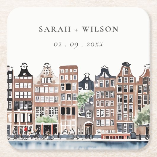 Amsterdam Dutch Canal Watercolor Landscape Wedding Rechteckiger Pappuntersetzer (Vorderseite)