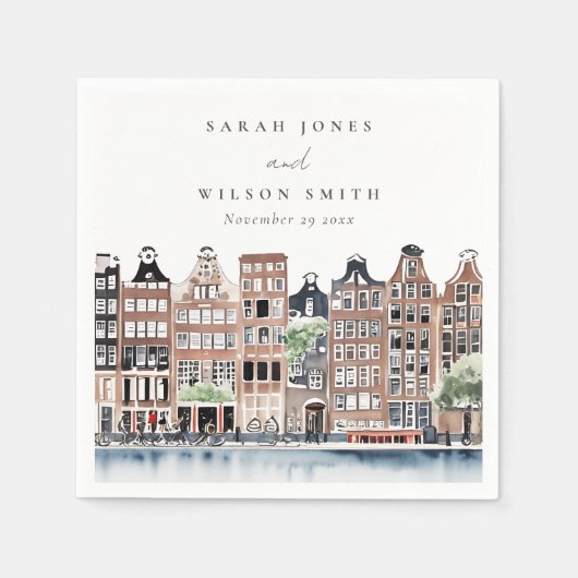 Amsterdam Dutch Canal Watercolor Landscape Wedding Serviette (Vorderseite)