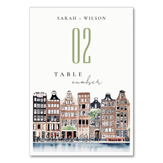 Amsterdam Dutch Canal Watercolor Landscape Wedding Tischnummer (Vorderseite)