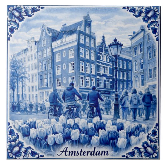 Amsterdam-Häuser im Stil von Delft-Blau-Fliesen Fliese (Vorderseite)