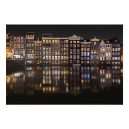 Amsterdam-Häuser mit bunten Lichtern in der Nacht Fotodruck