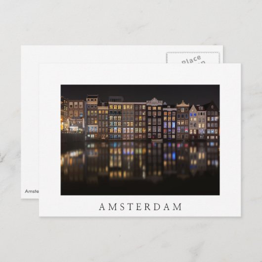 Amsterdam-Häuser mit bunten Lichtern in der Nacht Postkarte (Vorne/Hinten)