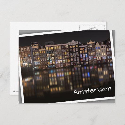 Amsterdam-Häuser mit bunten Lichtern in der Nacht Postkarte (Vorne/Hinten)