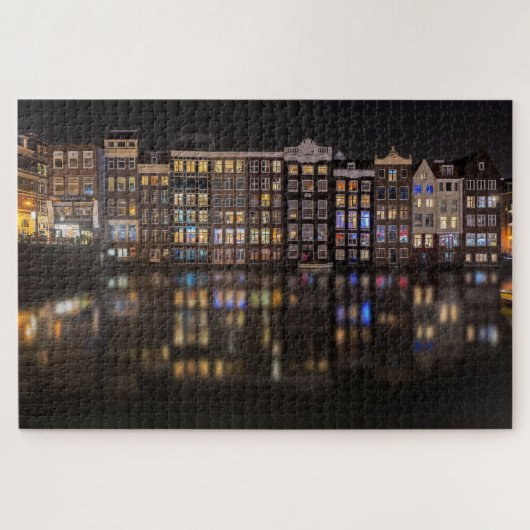 Amsterdam-Häuser mit bunten Lichtern in der Nacht Puzzle (Horizontal)