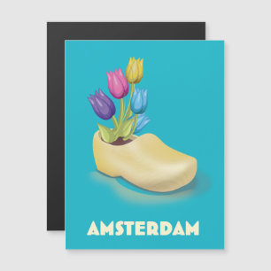 Amsterdam Holzpantinen und Tulpen Reiseplakat. Magnetkarte