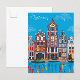 Amsterdam-Kanal-Holländische-Häuser-Reise Postkarte