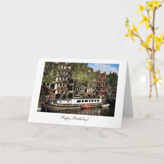 Amsterdam-Kanal-Lastkahn - alles Gute zum Karte (Gelbe Blume)