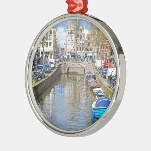 Amsterdam-Kanal mit Booten Silbernes Ornament (Links)