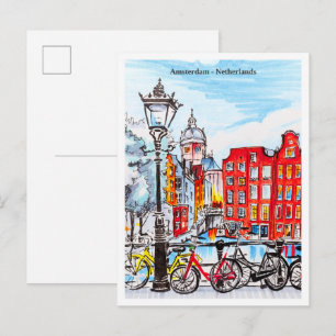 Amsterdam-Kanal Niederlande Skizze Postkarte