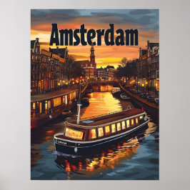 Amsterdam Kanal : Sonnenuntergang und Stadtlampen Poster