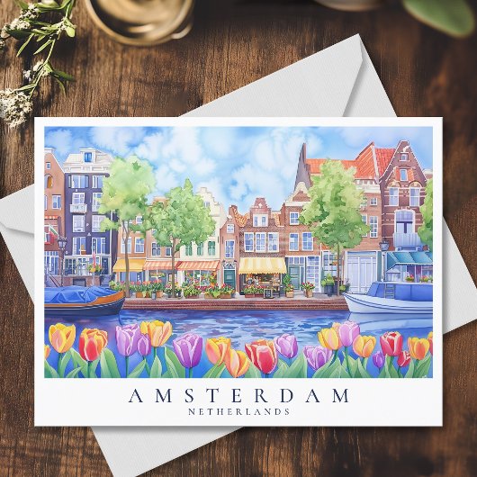 Amsterdam Kanal & Tulips Wasserfarbenreise Postkarte